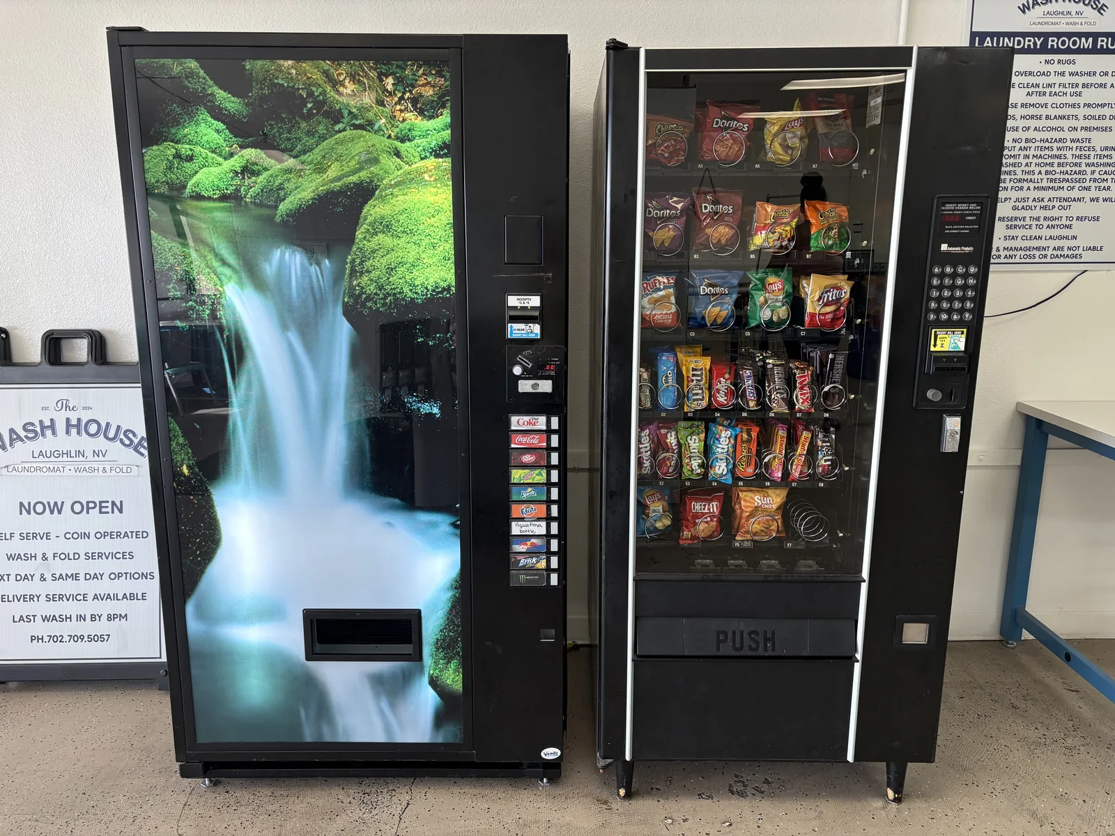 Snack and drink vending machines inside The Wash House Laughlin